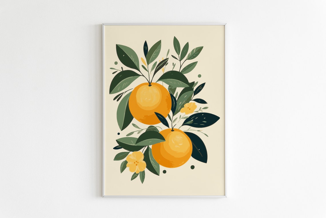 Orange Fruit Botanical Illustration Green Leaves Citrus Poster