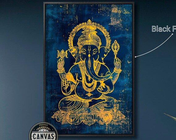 Golden Lord Ganesha Seated Hindu Deity On Deep Blue Wall Poster