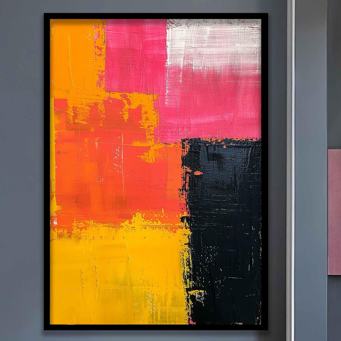 Pink Orange Yellow and Black Brushstroke Abstract Art Poster