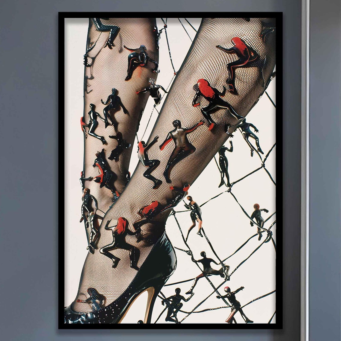 Tiny Figures Climbing Fishnet Stiletto Legs Surreal Art Poster