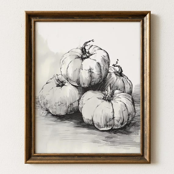 Pumpkin Stack Wall Art Rustic Fall Harvest Decor Sketch Illustration Farmhouse Autumn Kitchen Artwork