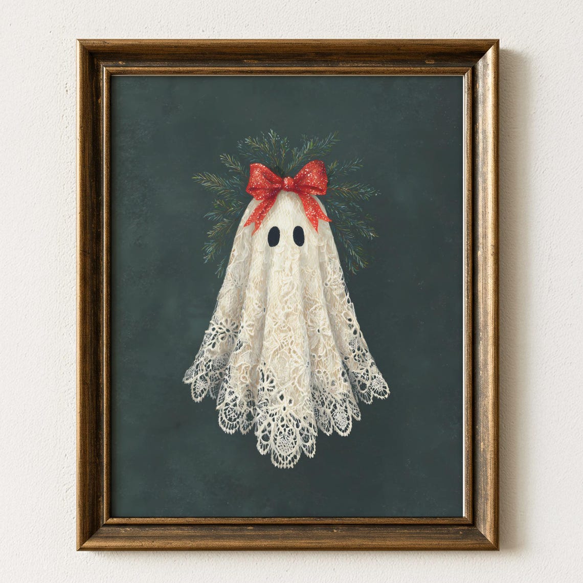 Coquette Christmas Ghost in Lace With Red Bow Whimsical Holiday Poster