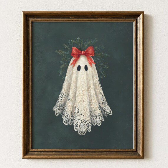 Coquette Christmas Ghost in Lace With Red Bow Whimsical Holiday Poster