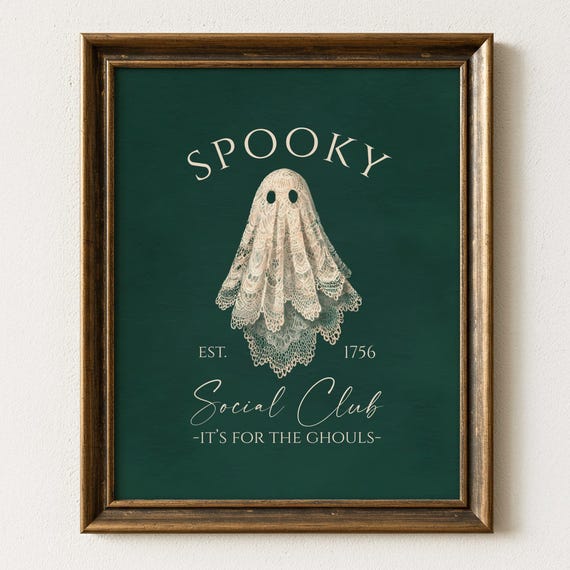 Spooky Social Club Halloween Wall Art Lace Ghost on Dark Green