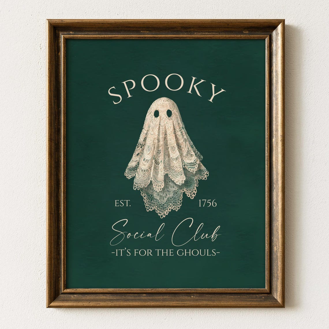 Spooky Social Club Halloween Wall Art Lace Ghost on Dark Green