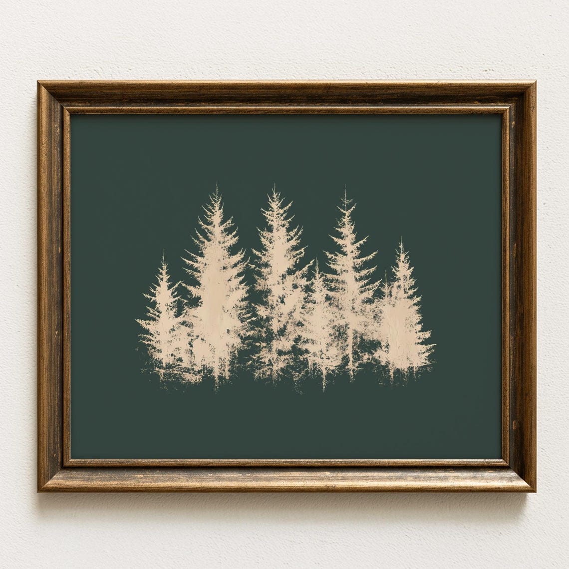 Beige Pine Tree Row on Dark Green Modern Winter Cabin Art Print