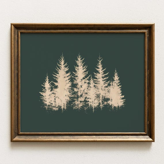 Rustic Pine Tree Wall Art Winter Forest Silhouette Green And Beige Evergreen Decor Lodge Cabin Nature Landscape