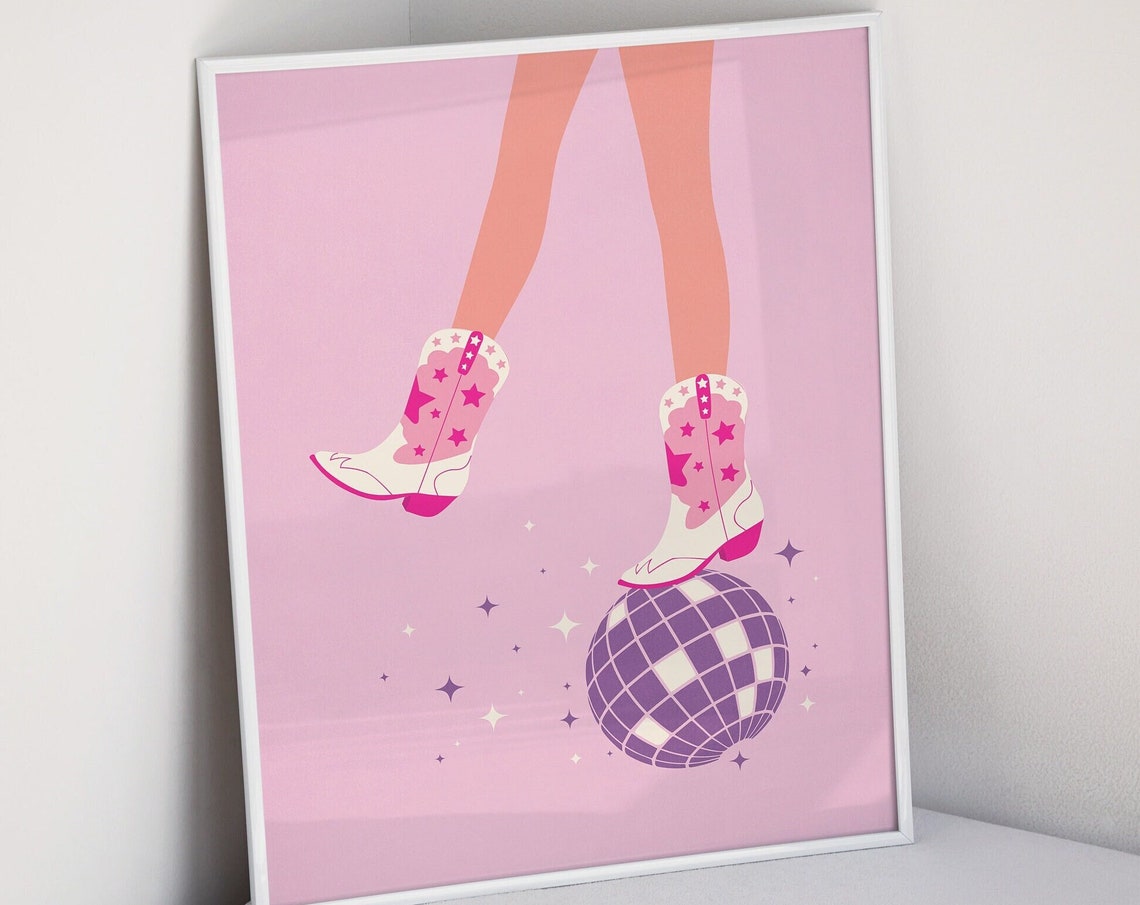 Pink Poster Print Cowgirl Poster Wall Art Trendy Disco Ball Decor Cowgirl Wall Art Disco Ball Print Disco Bachelorette Cowgirl Boot Print - Image 2