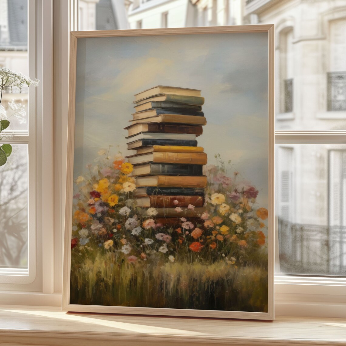 Tall Stack Of Antique Books In A Wildflower Meadow Art Poster