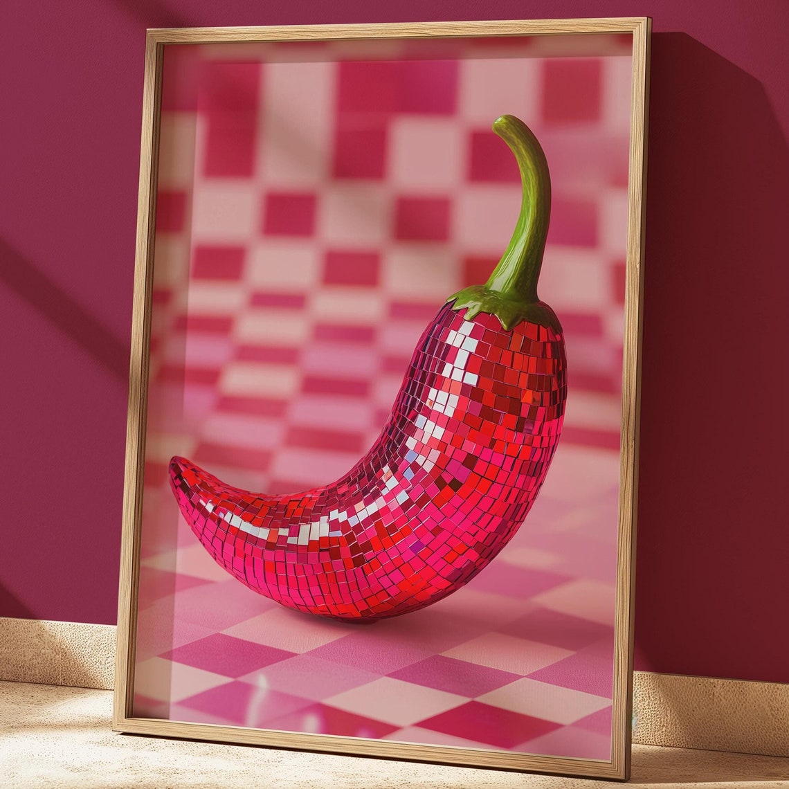 Disco Mosaic Red Chili Pepper On Pink Checkered Pop Art Poster - Image 2