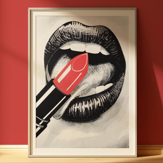 Bold Lipstick Art Print Black White Glam Wall Art Pop Art Style Modern Makeup Decor Fashion Wall Art