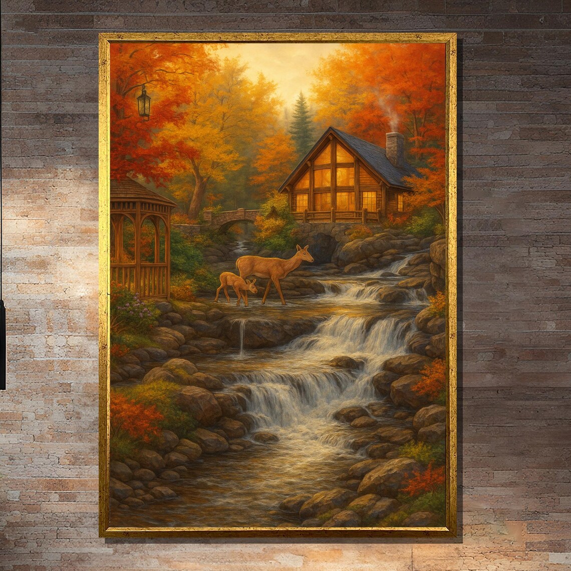 Cabin By Waterfall With Deer, Autumn Forest Art Print