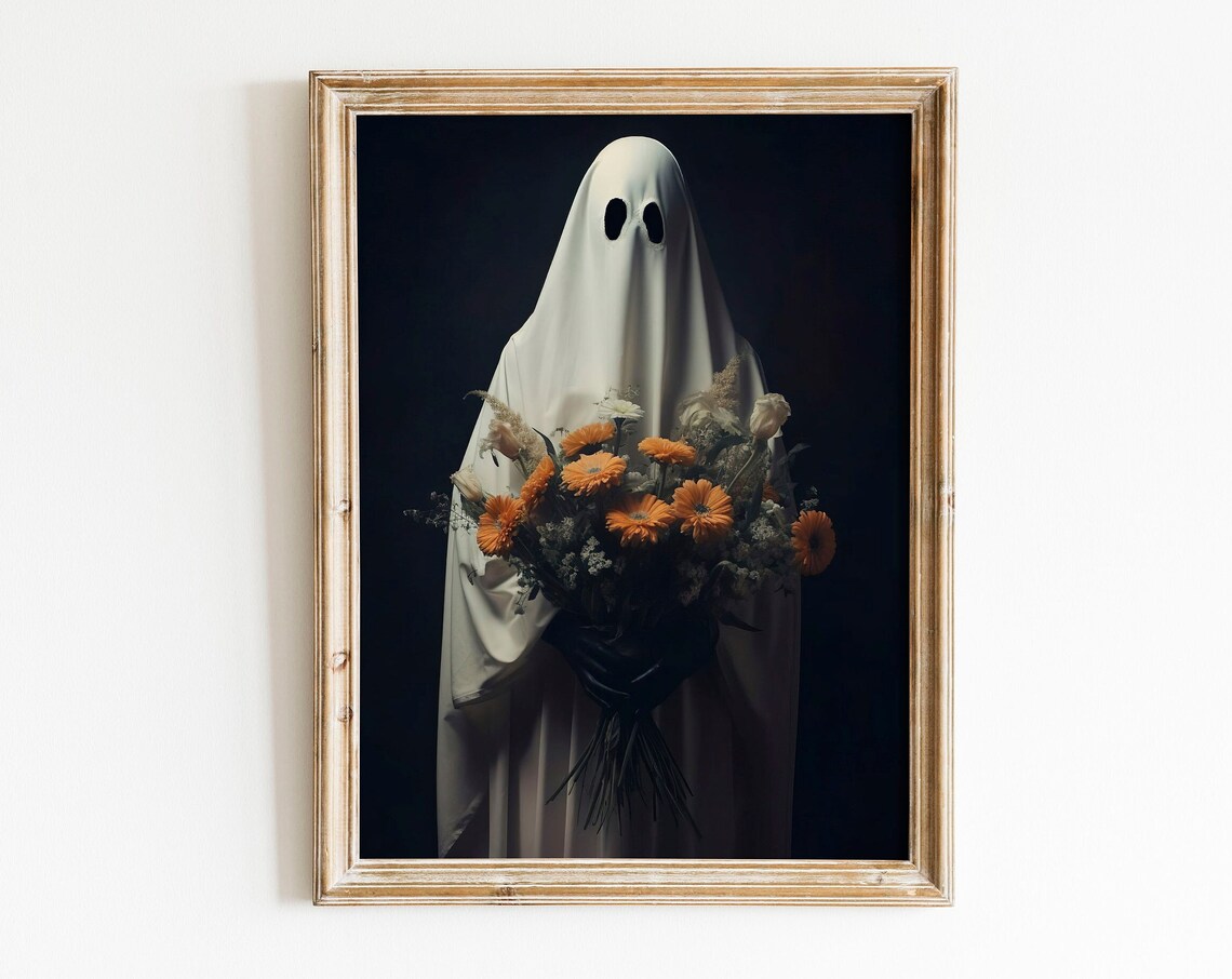 Gothic Portrait Holding Flowers Halloween Art Print