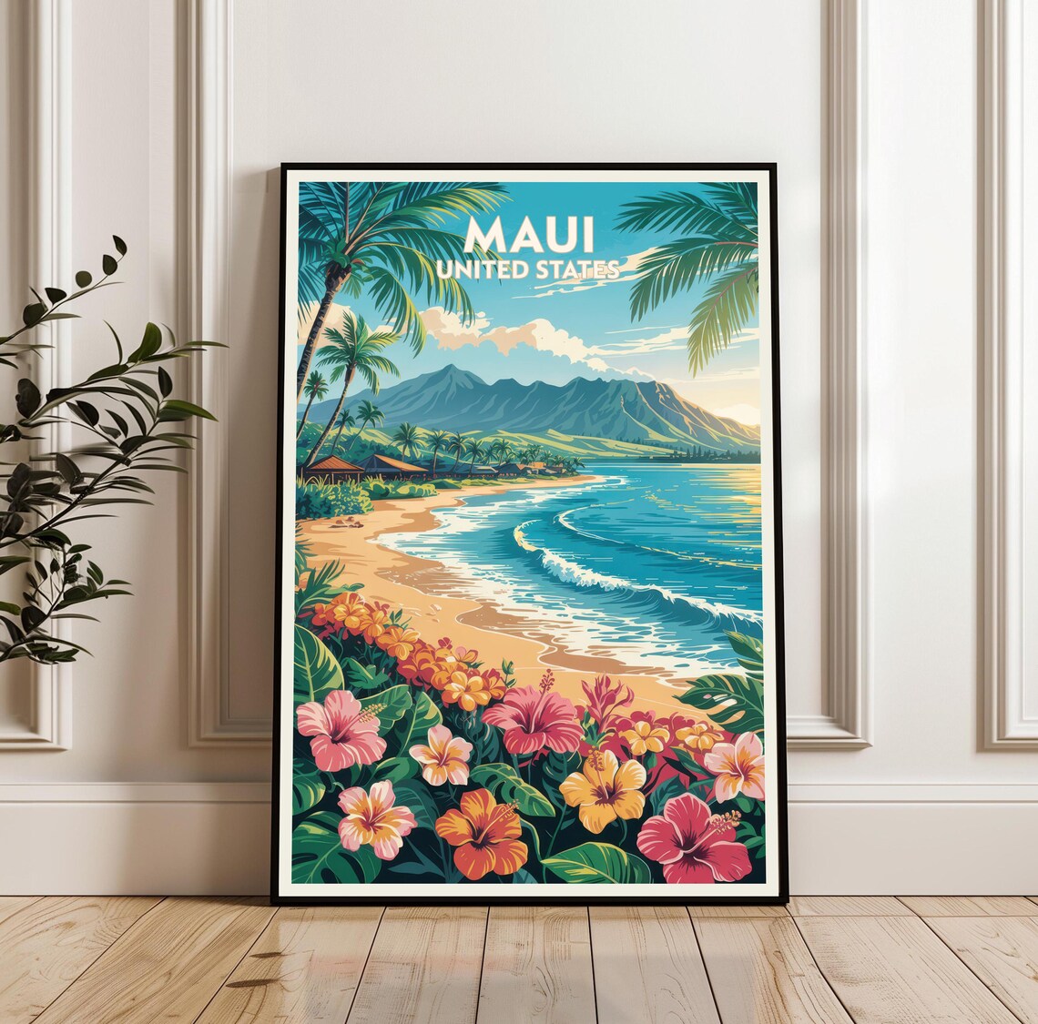 Maui Hawaii Vintage Travel Poster Tropical Beach Palm Hibiscus Island Art