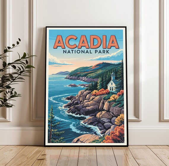 Acadia National Park Maine Rocky Coast Lighthouse Travel Poster