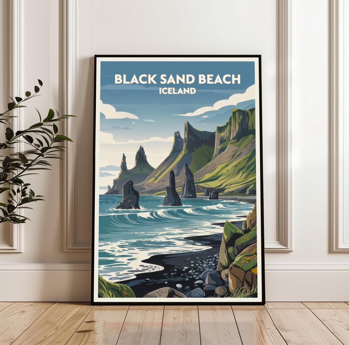 Black Sand Beach Sea Stacks Reynisdrangar Iceland Travel Poster