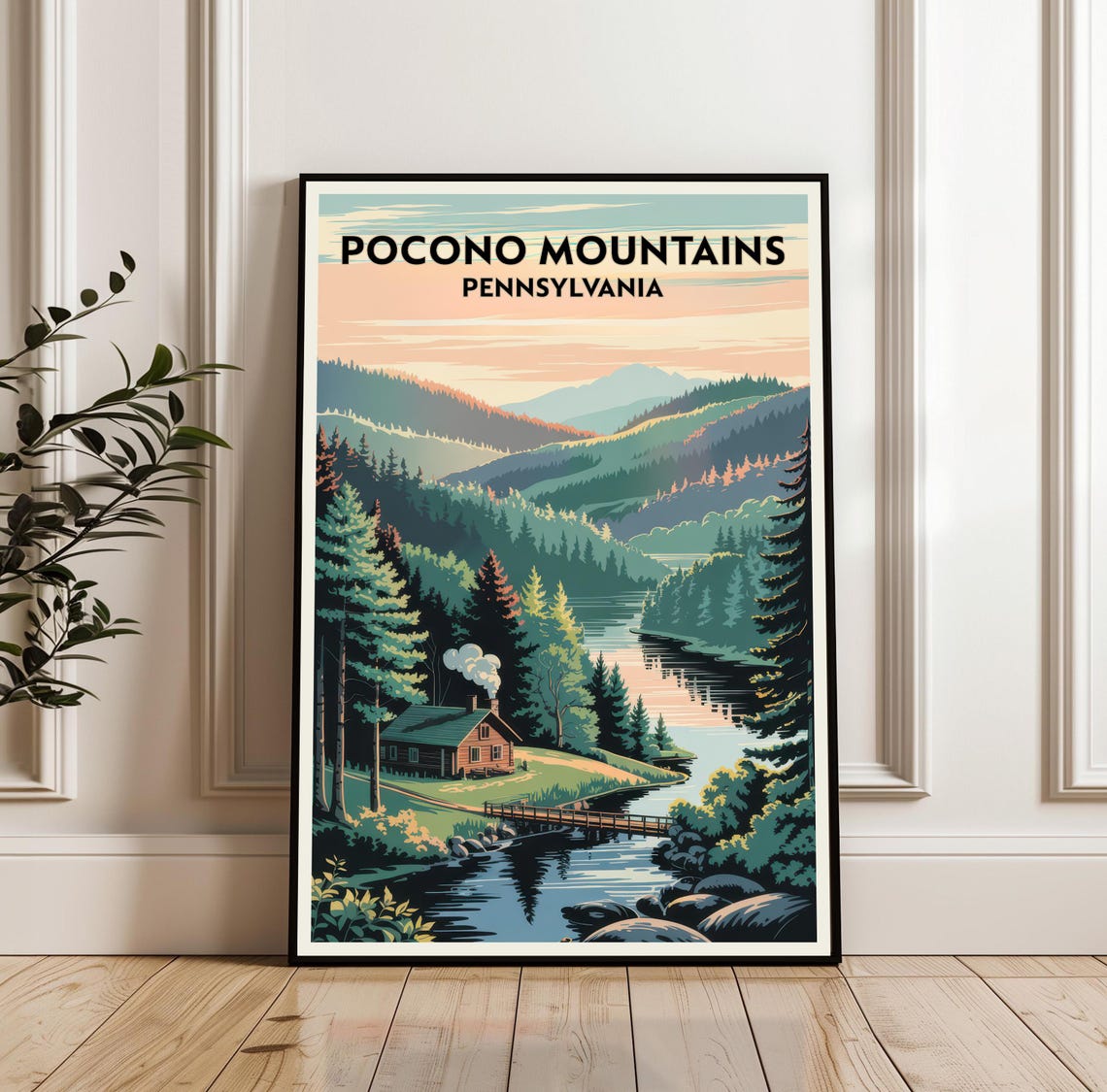 Pocono Mountains Pennsylvania Cabin Lake Retro Travel Poster