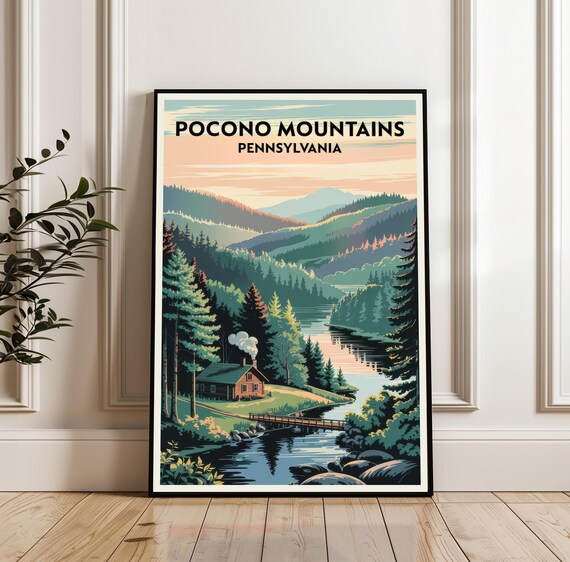 Pocono Mountains Pennsylvania Cabin Lake Retro Travel Poster