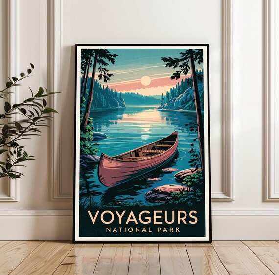 Voyageurs National Park Canoe On Sunset Lake Scenic Travel Poster