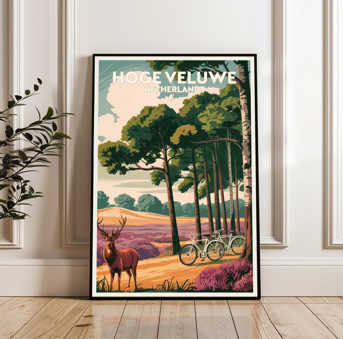 Hoge Veluwe Netherlands Deer Bicycle Forest Vintage Travel Poster