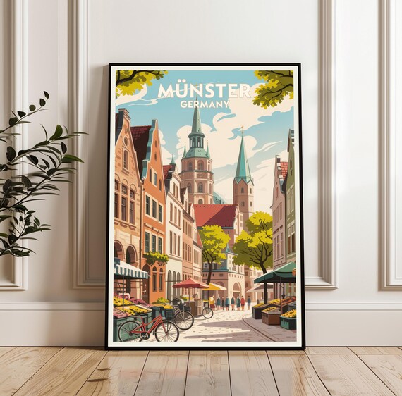 Munster Germany Old Town Cathedral Market Street Retro Travel Poster