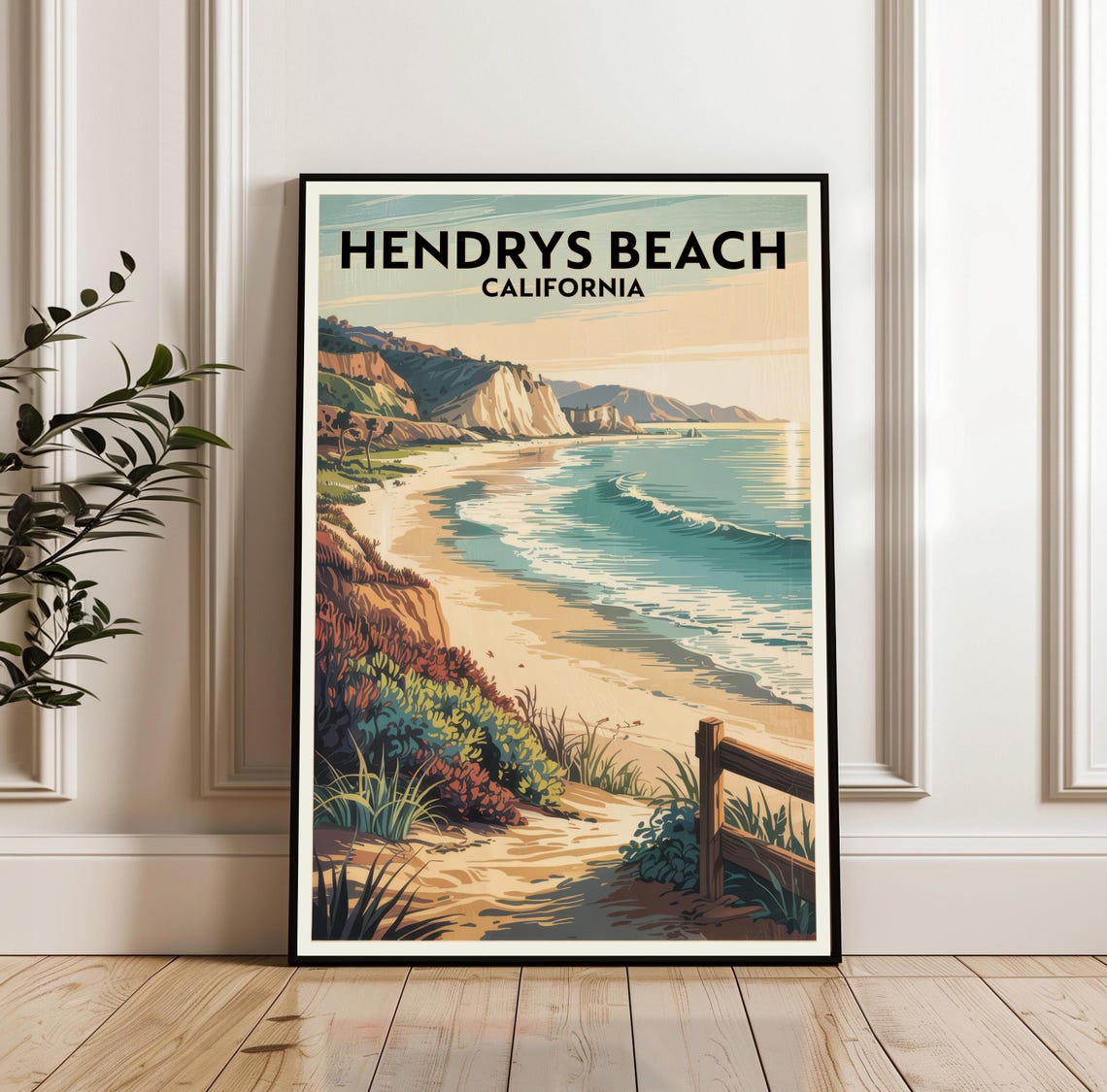 Hendrys Beach California Cliffs And Surf Retro Travel Poster