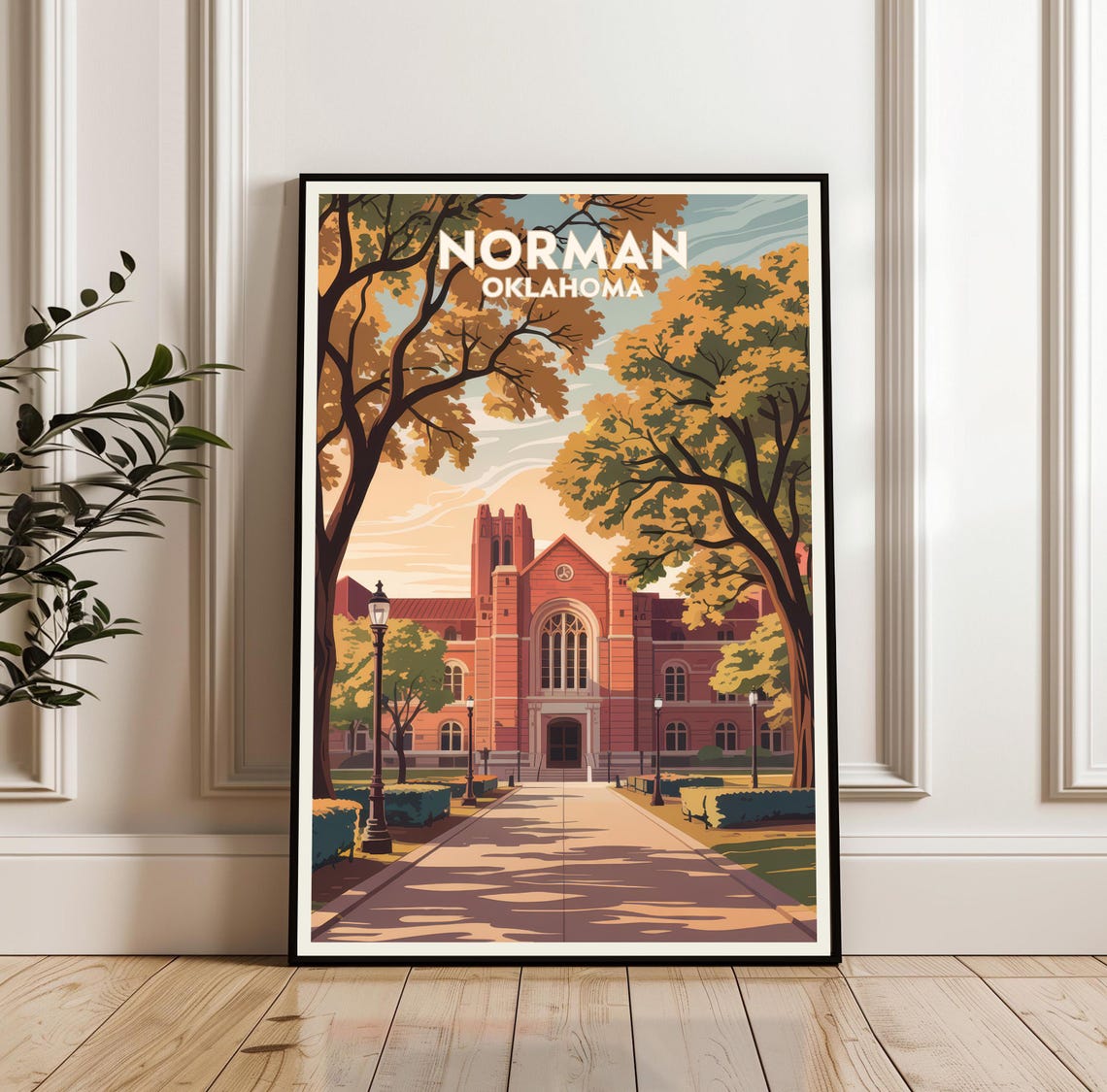 Norman Oklahoma Travel Brick Campus Autumn Trees College Art Poster
