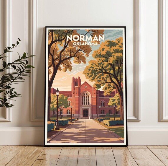 Norman Oklahoma Travel Brick Campus Autumn Trees College Art Poster