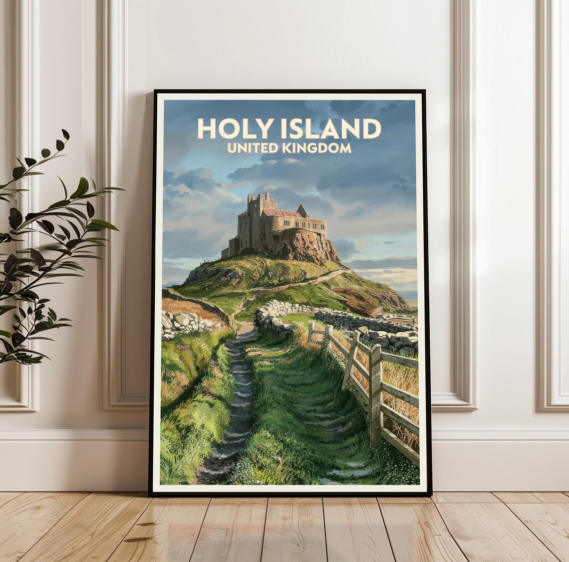 Holy Island United Kingdom Lindisfarne Castle Vintage Travel Poster