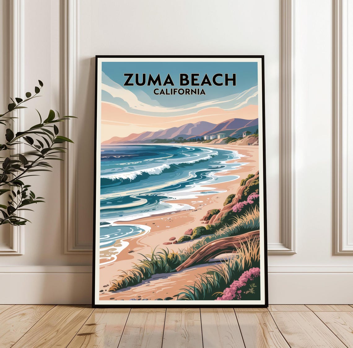 Zuma Beach California Vintage Travel Sunset Waves Beach Poster