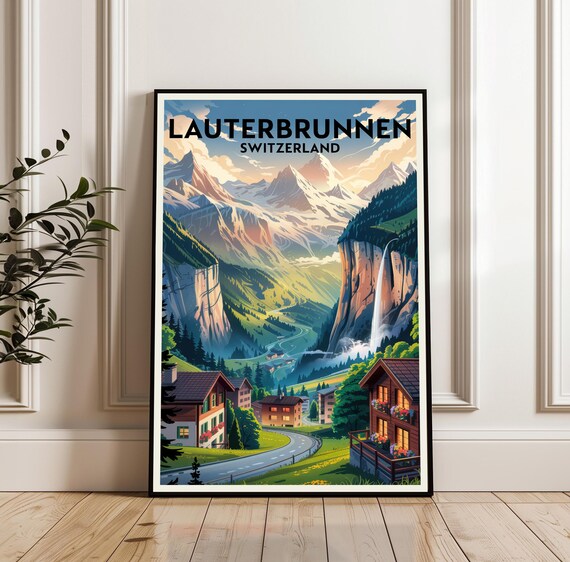 Lauterbrunnen Switzerland Retro Travel Poster Alpine Waterfall Village