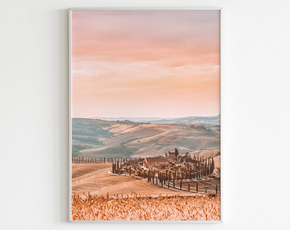 Tuscany Sunset Travel Poster, Italian Hills, Italy