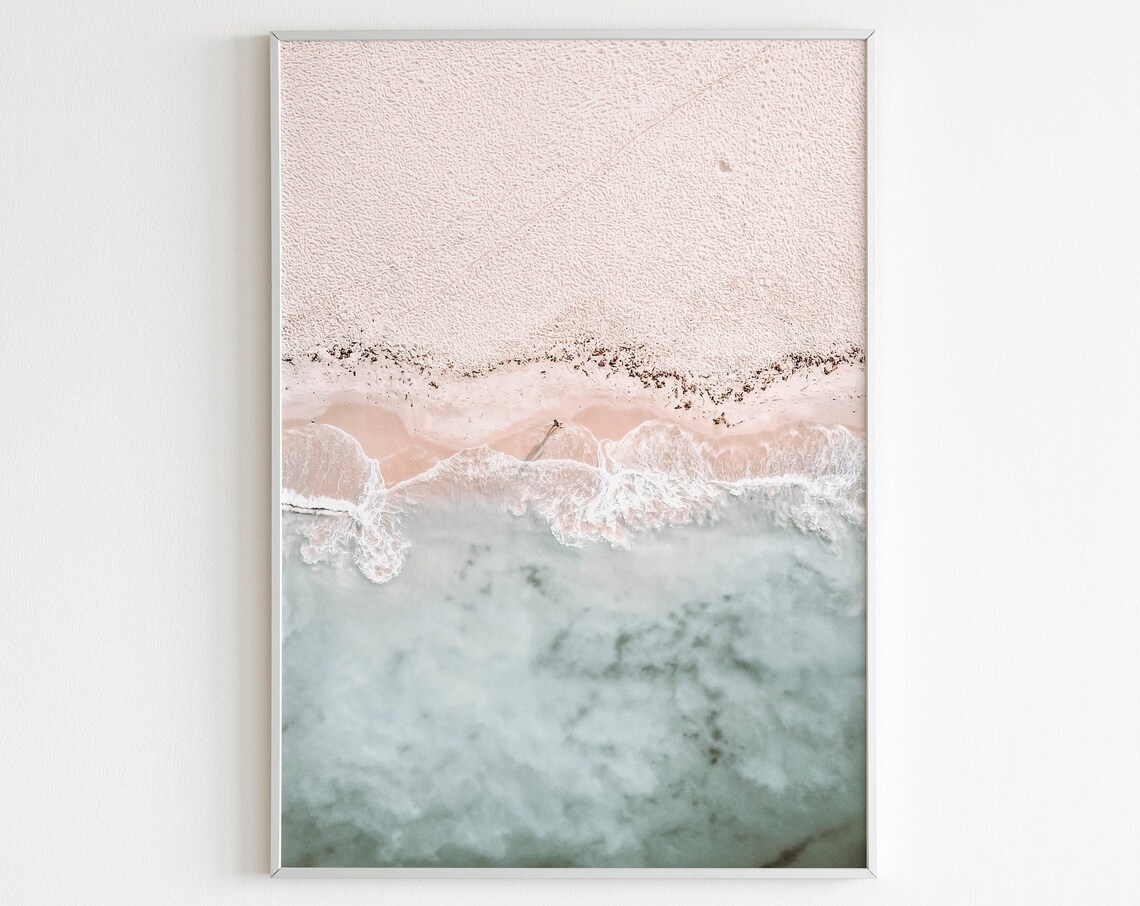 Aerial Beach Waves Blush Pink Sand And Mint Sea Coastal Wall Art