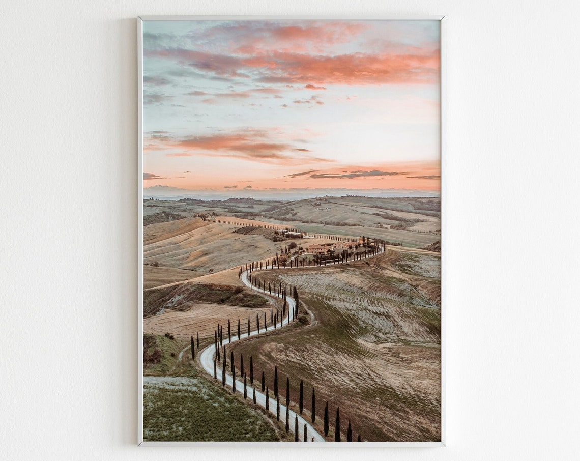 Tuscany Sunset with Cypress Lined Winding Road Photography Poster