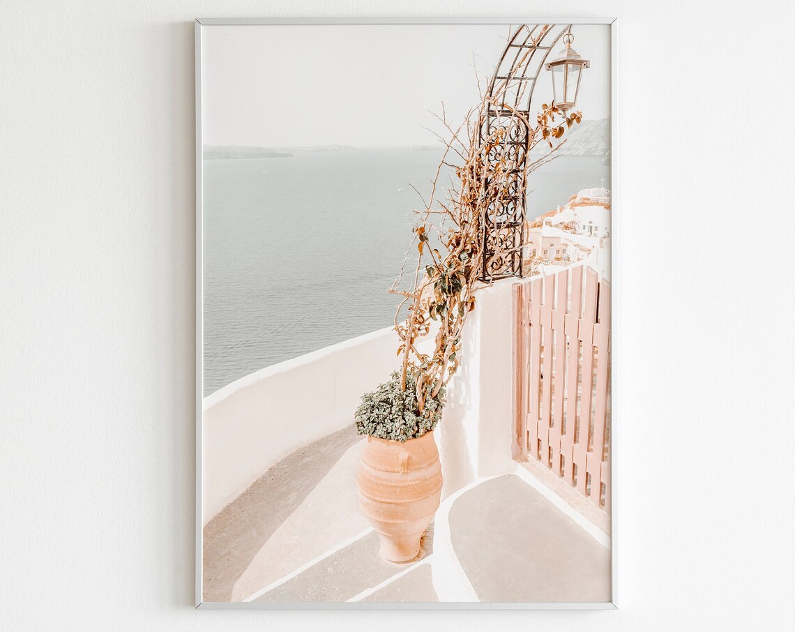 Santorini White Terrace Terracotta Pot Sea View Greece Travel Poster