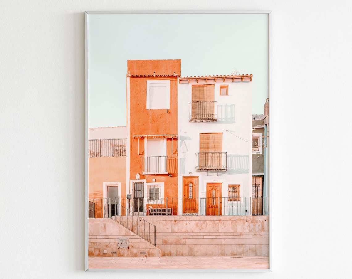 Pastel Orange Mediterranean Street Houses Photography Poster