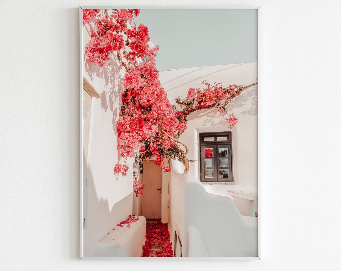 Mykonos Greece Whitewashed Alley With Red Bougainvillea Wall Art