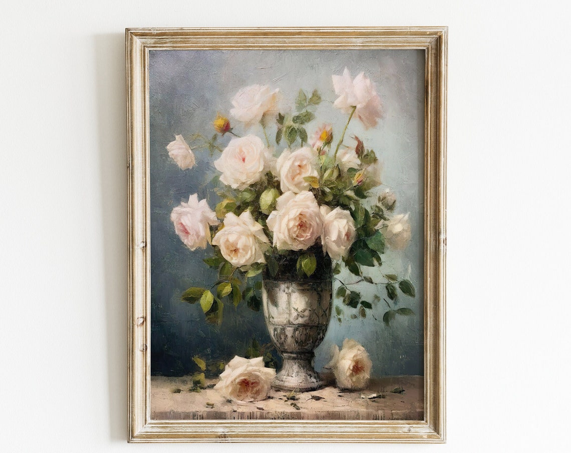 Vintage Flower Print Vintage Oil Painting Rose Painting Floral Still Life Painting Farmhouse Wall Decor