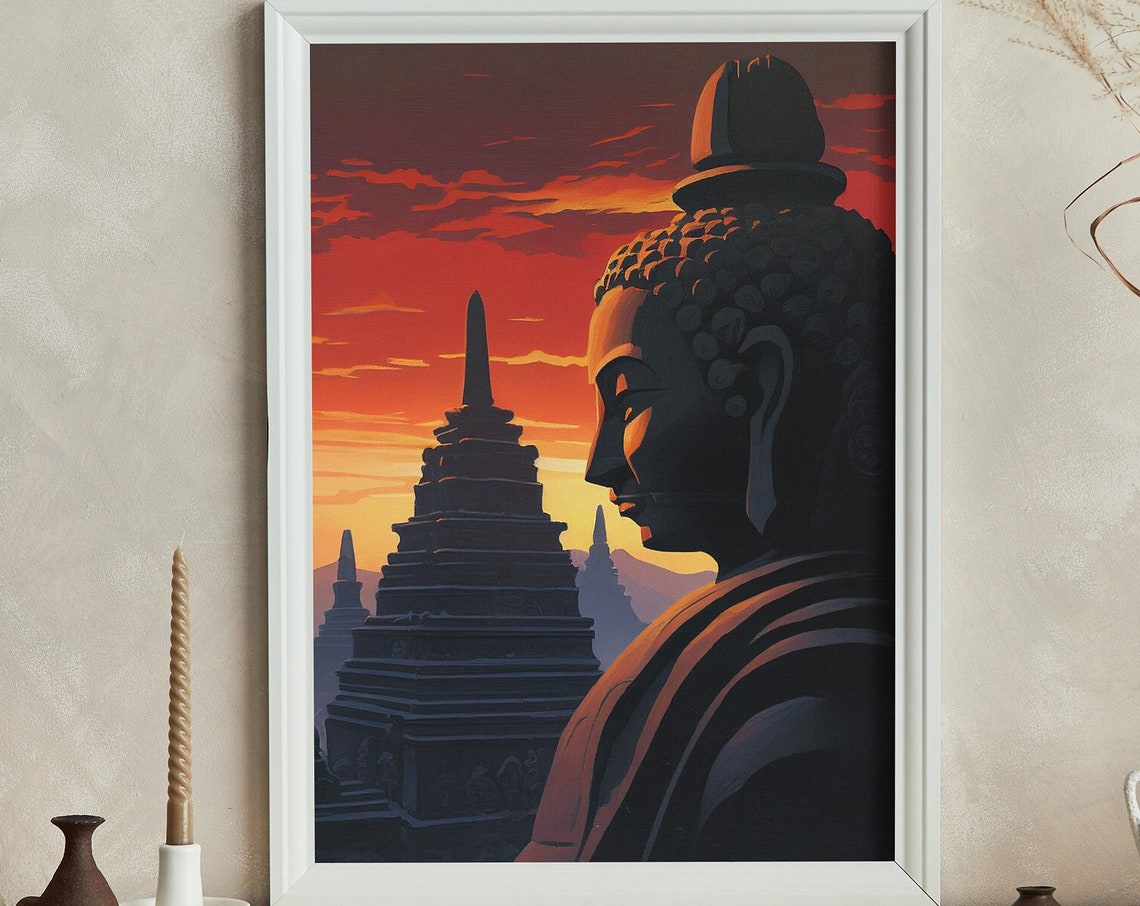 Buddha Silhouette Profile at Fiery Red Sunset Borobudur Poster