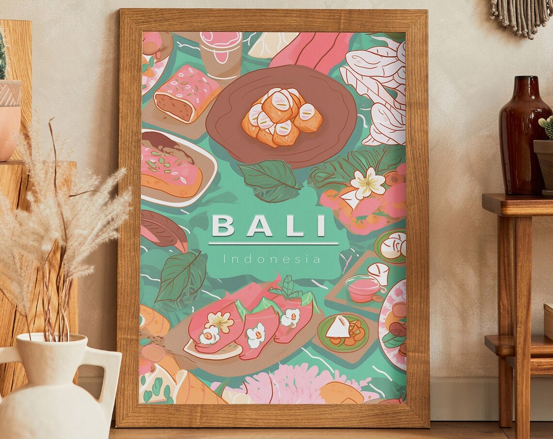 Bali Indonesia Illustrated Food Map Retro Art Deco Travel Poster