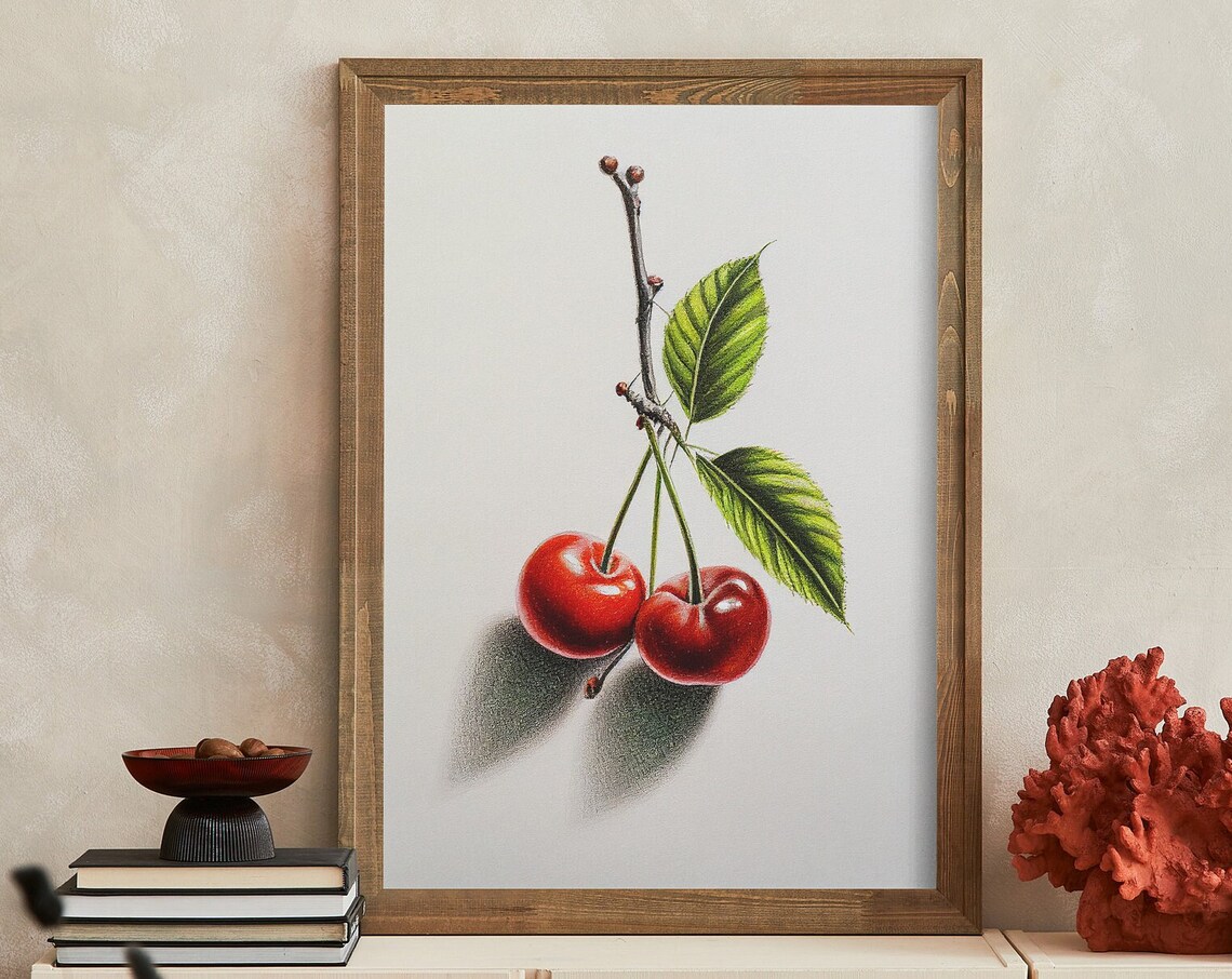 Fresh Cherries on Branch Botanical Illustration Kitchen Poster