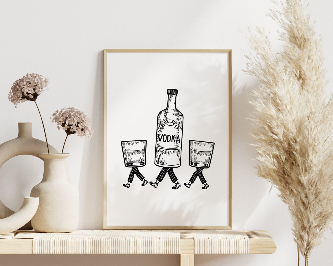 Walking Vodka Bottle Funny Retro Bar Cart Illustration Poster - Image 2