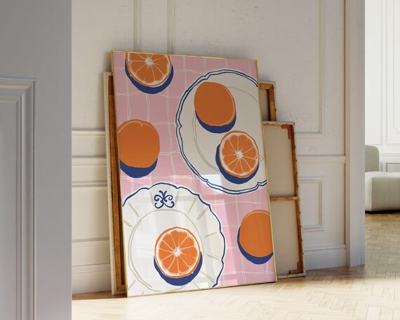 Orange Slices On Plates Mediterranean Fruit Pink Kitchen Art Poster