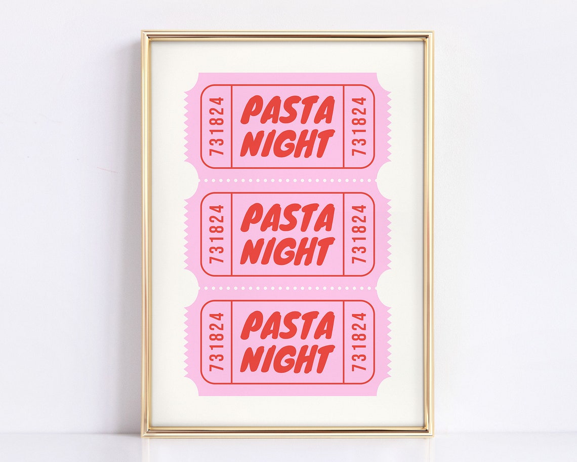 Pasta Night Retro Ticket Stub Kitchen Art Pink and Red Fun Food Poster - Image 3