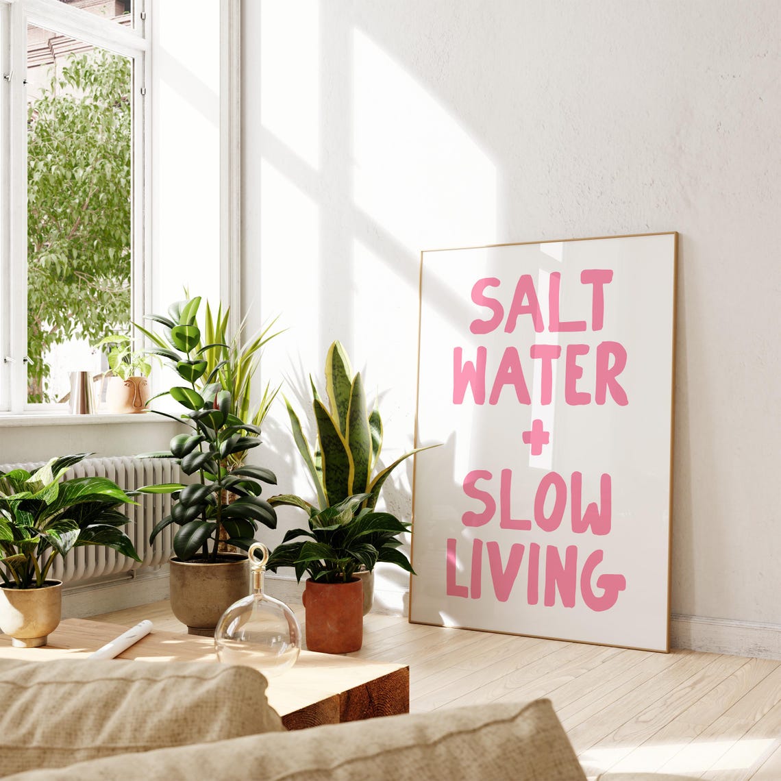 Salt Water Slow Living Soft Pink Coastal Quote Decor Wall Poster