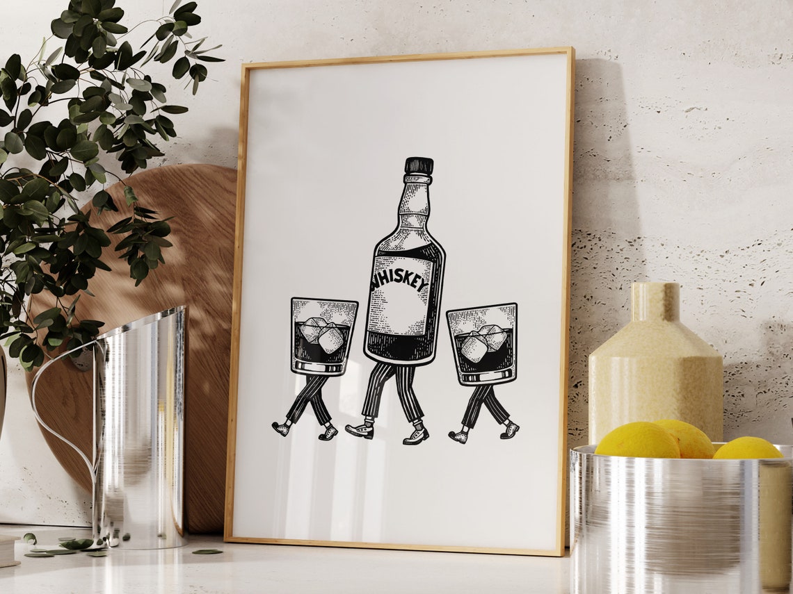 Walking Whiskey Bottle Trio Vintage Funny Kitchen Bar Poster