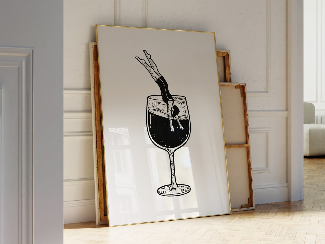 Woman Diving Into Wine Glass Funny Bar Cart Minimal Black Art Poster