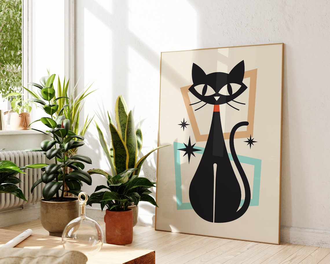 Mid Century Modern Black Cat Atomic Retro Colorful Style Poster