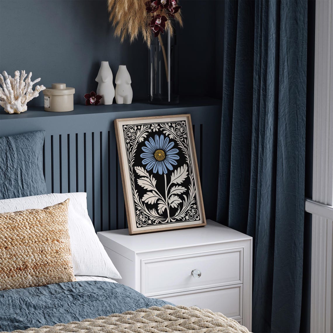 Blue Daisy Black Rococo Floral Vintage Style Botanical Poster - Image 3