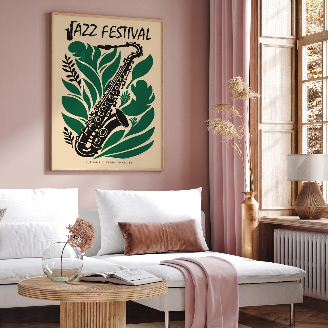 Jazz Festival Saxophone Green Leaves Live Music Vintage Poster - Image 2